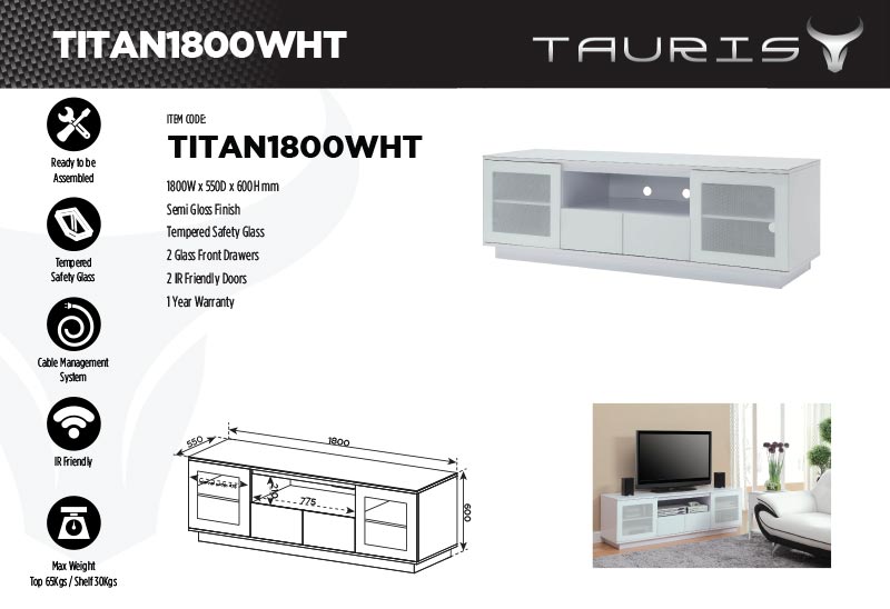 Tauris Titan 1800mm TV Stand - White